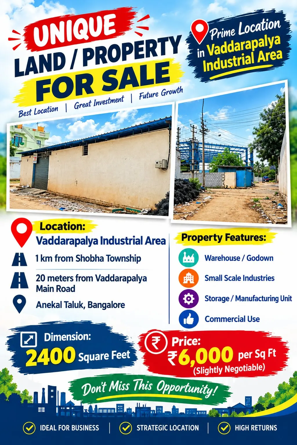 2,400 sq ft Industrial land in Vaddarapalya 1 km from Shobha township — photo 2